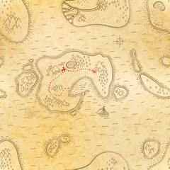 Ancient pirate map on old paper with red path to treasure, seamless pattern