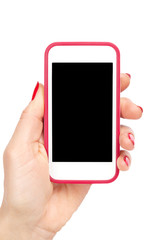 Female hand holding a smartphone. Isolated