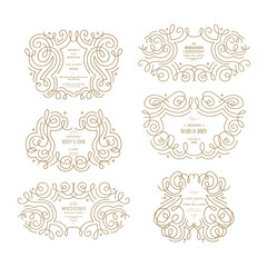 Wedding ornamental frames collection. Thin line vintage wedding compositions. Vector illustration