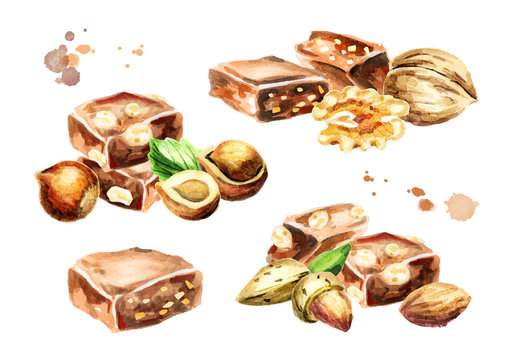 Chocolate collection set. Hand-drawn watercolor illustration