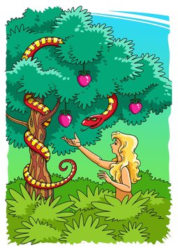 The Serpent tempts Eve to eat the Forbidden Fruit from the Tree of Knowledge of good and evil