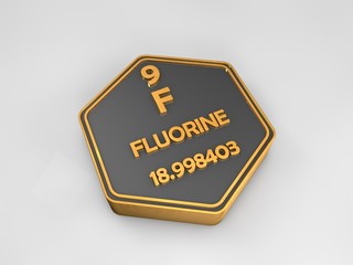 fluorine - F - chemical element periodic table hexagonal shape 3d illustration