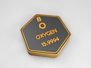 Oxygen - O - chemical element periodic table hexagonal shape 3d illustration