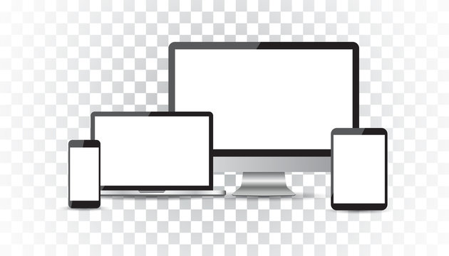 Realistic device flat Icons: smartphone, tablet, laptop and desktop computer. Vector illustration