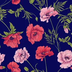Meubelstickers Seamless pattern with pink and red poppy flowers in botanical st © Elen  Lane