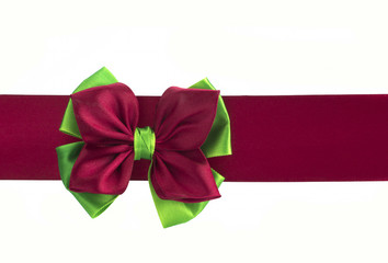 Green and burgundy bow, burgundy ribbon on white background