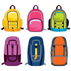 Set collection of colorful camping travel backpacks