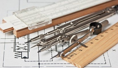 engineering tools on technical drawing