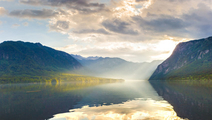Sunset on the lake Bohinj. Slovenia