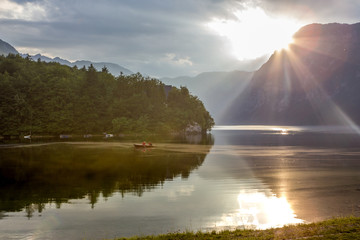 Sunset on the lake Bohinj. Slovenia