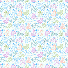 Seamless vector patterns with hearts. Background with hand drawn ornamental symbols and decorative elements. Decorative repeating ornament. Graphic illustration.