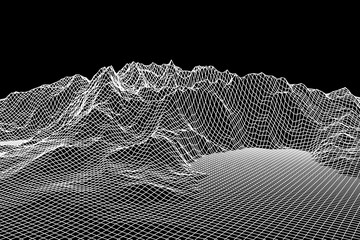 Wireframe landscape vector background. Cyberspace grid technology illustration on black