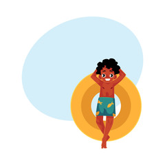 Black, African American boy, teenager swimming on floating inflatable ring, top view cartoon vector illustration with space for text. Black teen boy, teenager floating on inflatable ring
