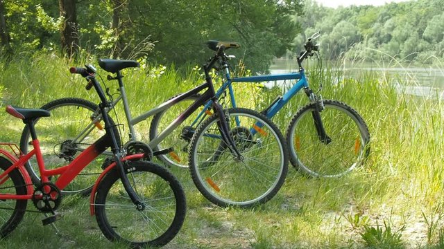 Bicycles on vacation. Three bicycles on the nature.