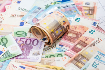 Obraz na płótnie Canvas Many different euro banknote as background .