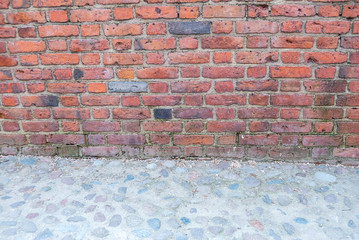 Brick wall and pavement, copy space, as background