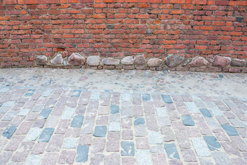 Brick wall and pavement, copy space, as background