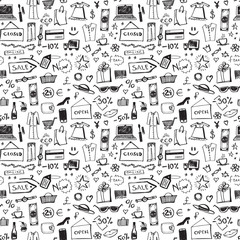 Doodle shopping icons seamless pattern.  Abstract sale or offer background. Vector illustration