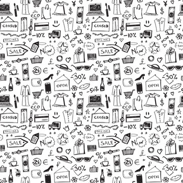 Doodle shopping icons seamless pattern.  Abstract sale or offer background. Vector illustration