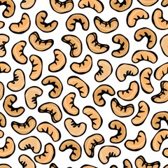 Seamless with Cashew Nuts. Isolated On a White Background Doodle Cartoon Hand Drawn Sketch Vector Illustration. Food Pattern.