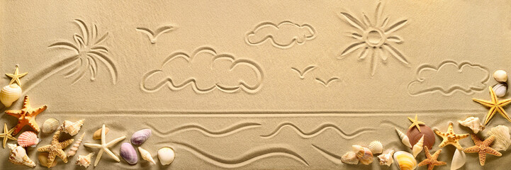 Zeichnung auf Sand, verziert mit Muscheln, stellt ein Urlaubsparadies am Meer dar