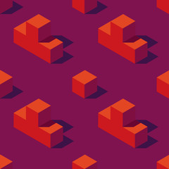 Seamless pattern of isometric game blocks on dark violet background. Vintage 80s style design. Clipping mask used.