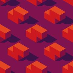 Seamless pattern of isometric game blocks on dark violet background. Vintage 80s style design. Clipping mask used.