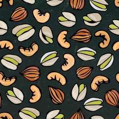 Seamless with Shelled Pistachio, Almond and Cashew Nuts. Isolated On a Black Chalkboard Background. Doodle Cartoon Hand Drawn Sketch Vector Illustration. Food Pattern.