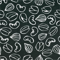 Seamless with Shelled Pistachio, Almond and Cashew Nuts. Isolated On a Black Chalkboard Background. Doodle Cartoon Hand Drawn Sketch Vector Illustration. Food Pattern.