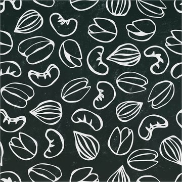 Seamless with Shelled Pistachio, Almond and Cashew Nuts. Isolated On a Black Chalkboard Background. Doodle Cartoon Hand Drawn Sketch Vector Illustration. Food Pattern. © Nika Novikova