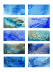 Rectangular backgrounds for banners with a watercolor texture in a blue color scheme.
Divorces and inclusions of paint for imitation of stone structure.