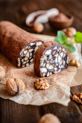 Chocolate Salami - traditional dessert with walnut and biscuits