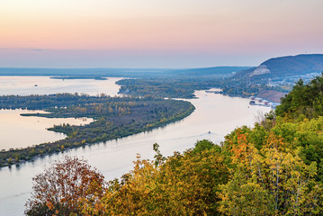 View of the valley of the Volga river on the sunset