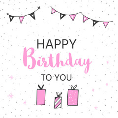 Happy Birthday greeting card and party invitation templates, black and pink colors. Hand drawn elements for perfect  girls design.