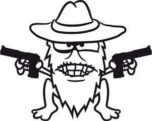 Fototapeta na wymiar cowboy pistolen gangster überfall schießen böse räuber dieb wilder westen hut kleines freches haariges monster
