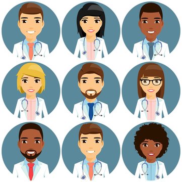 Icons with the image of young doctors of different ethnic groups. Without a face. African-American. In flat style cartoon.