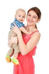 Portrait of smiling ana happy mother with baby boy on hands - isolated on white background