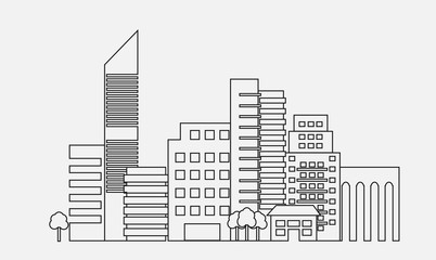 Generic modern city line vector. City skyline linear design. Cityscape line art illustration. Outline skyscrapers.