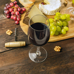 Wine and cheese tasting with grapes, square photo