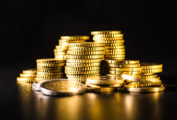 Euro coins.Coins stacked on each other in different positions. Money concept