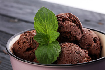 Chocolate coffee ice cream ball in a bowl