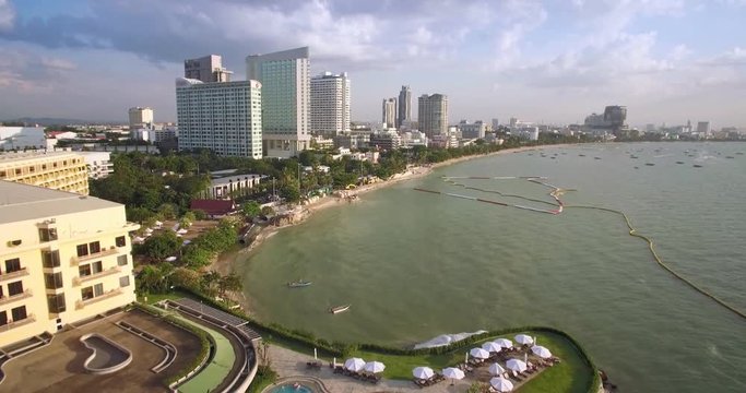 Swimming Pool on Headland in Pattaya Bay, Thailand, Aerial Flyover 
