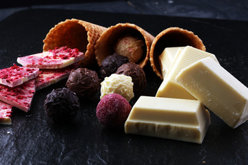 ice cream cones with white chocolate block and dark chocolate rasp