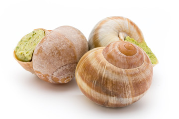 Cooked snails delicacy. French cuisine stuffed snails.