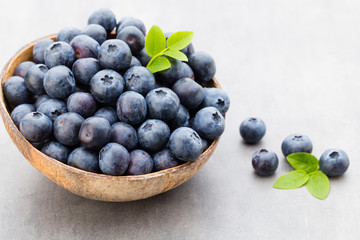 Fresh blueberries natural coconut in a bowl on a gray background.