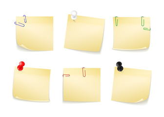 Collection of different yellow stickers for your notes. Attached buttons and staples. Vector illustration isolated on white background.