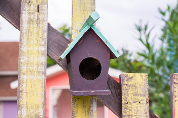 Bird house made of wood and painted colorful