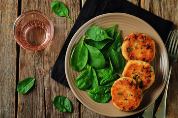 Salmon fritters with spinach