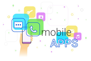 Mobile apps on smartphone concept illustration. Human hand holds smart phone with popular apps such as messenger, voice call, camera, e-mail. Applications and modern lifestyle. Creative banner for web