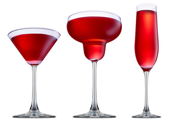 fresh fruit alcohol cocktail or mocktail in margaritta, martini, champagne glass with red beverage isolated on white background